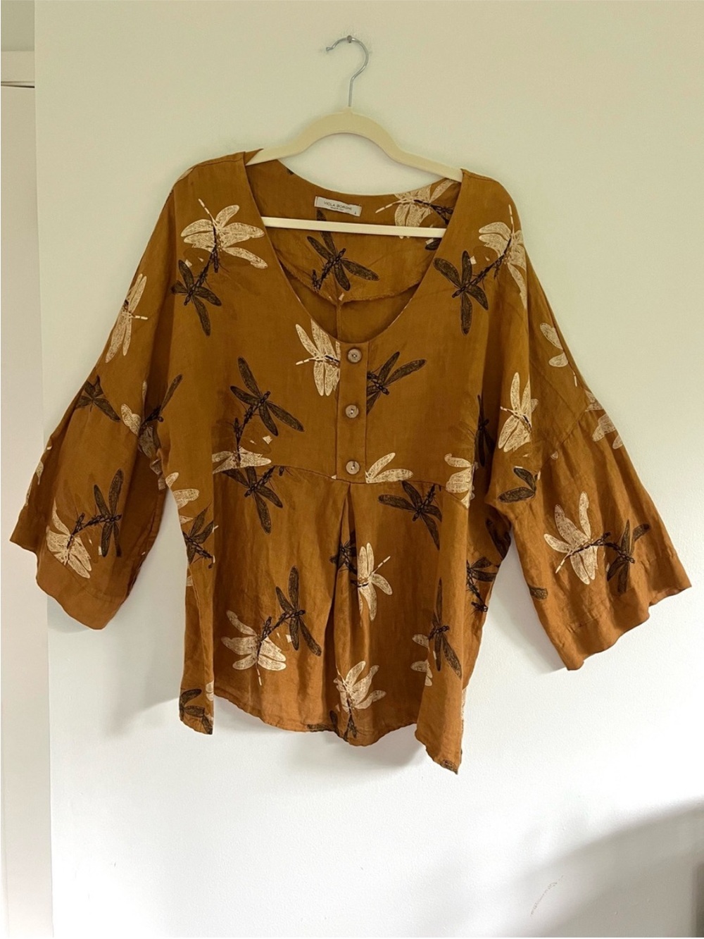 Viola Borghi Italian Linen Boho Dragonfly Print Button-Front Tunic Top Lagenlook